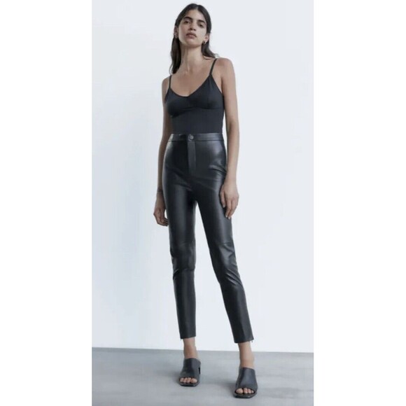 ZARA WOMAN FAUX LEATHER Pants XXL Black HIGH-WAISTED LEGGINGS ANKLE ZIPPER NWOT - Picture 5 of 16